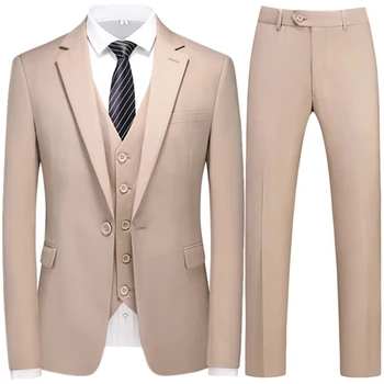 2023 Модерен Нов Мъжки Бутик Business Slim Solid Color Suit Set / Мъжки Оборудвана Костюм С Двойно Цепка, Блейзери, Яке, Панталони, Жилетка