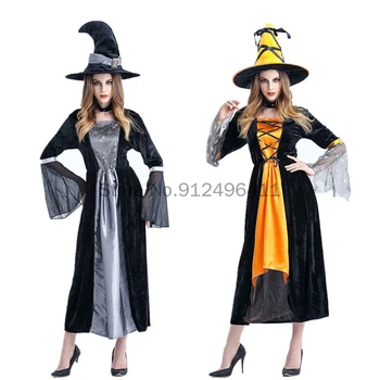 2023 Нов дамски cosplay на Хелоуин в ролята на Вещица С кружевными ръкави, Секси костюм на Вещица, Елегантна вечерна рокля, Шапка на Вещица + Церемониален костюм