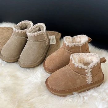 2023 Нови зимни обувки от естествена кожа за деца, момичета, малки принцеси, прости зимни ботильоны от твърда велур в ретро стил за деца