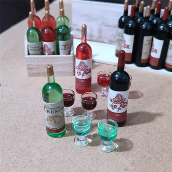 3 бр./компл. Мини-мащабна модел бутилки червено вино, украшение, кукла къща, миниатюрни чаши за вино, симулационни модели и изделия за дома.