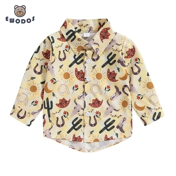 EWODOS, Ежедневни ризи за малки момчета с дълги ръкави и отворотами, блузи копчета с анимационни модел, Потници за момчета пролет-есен