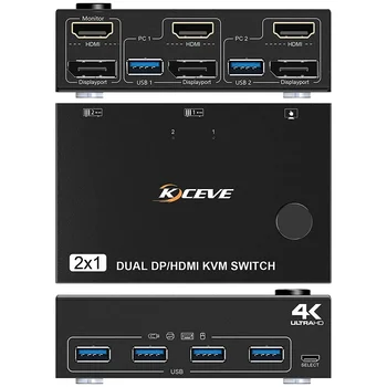 HDMI, DP KVM switch USB 3.0 С два монитора Displayport KVM превключвател Поддържа 2 Компютъра с обща клавиатура, Мишка и монитор KCEVE