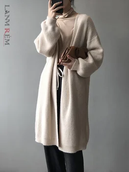 LANMREM Вязаный пуловер със средна дължина, палта, дамски ежедневни однотонная дрехи, универсална мода 2023, есен и зима, новост 2AA1857