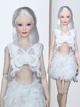 Бял комплект дрехи/ топ с пеперуда + пола с пискюли/ 30 см стоп-моушън дрехи моден костюм екипировка за 1/6 Xinyi FR ST Кукла Барби