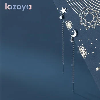 Дамски Сребърни обици Lozoya 925 проба с Цирконии CZ Асиметрична Кръгла Звезда И Луната Луксозни Бижута и Аксесоари с пискюли