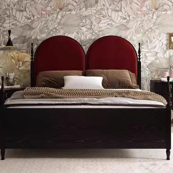 Двойно легло в ретро стил от масивно дърво, на Стария парижки дъб, черен мек диван с висока облегалка, римска колона, кадифе легло