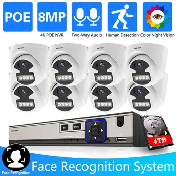 Двупосочна Аудио Разпознаване на Лица 8-Канален 4K POE NVR Система охранителна Камера е с 8-Мегапикселова AI-Камера Външна Цветен Видеонаблюдение за Нощно Виждане