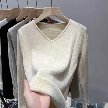 Дебели пуловер с V-образно деколте, дамско зимно топлинна бельо, топ и кадифе долна риза, топла еластичен вътрешен жилетка с дълъг ръкав