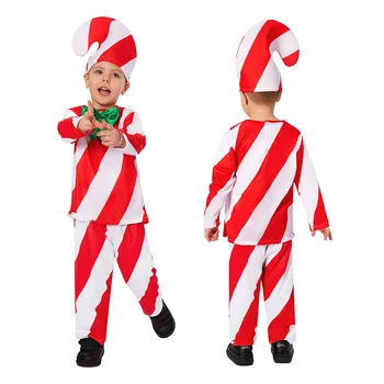Детски костюм за cosplay Candy Cane, Коледен топ за ролеви игри, панталони, шапка, екипировки за фантазии, маскировочный костюм за карнавала на Хелоуин