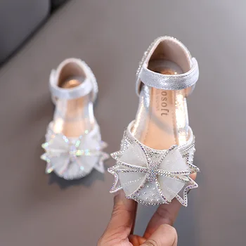 Детски обувки на плоска подметка с лък, детски обувки принцеси за момичета, сандали, Новост 2023 г., пролетно-лятна удобни обувки за малки момичета E645