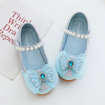 Детски обувки на принцесата на равна подметка за момичета, колекция от 2023 година, пролетно-есенна синя кожена обувки, модни блестящи детски фини обувки с мека подметка H304