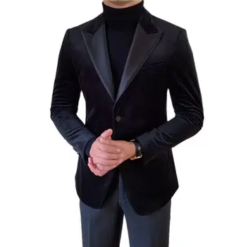 Доставка на костюми Зимни черни кадифени мъжки костюми с ревери за сватба Комплект саката Официално Оборудвана Стилен дизайн Мъжки блейзър Облекло