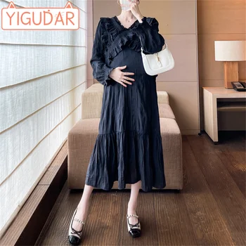 Дрехи за бременни 2024 пролет-лято, ново висококачествено модерно черна рокля с V-образно деколте и накъдрен, дамски дълга пола свободно намаляване на