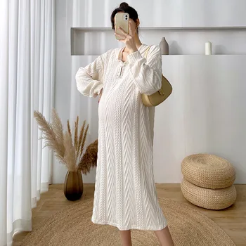 Дрехи за бременни Есен и зима, безплатно, ежедневно, Мързелив Темперамент, Вълнена рокля за бременни, Модерно Уникално топло рокля за бременни