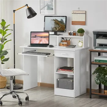 Дървена компютърна маса за домашен офис с чекмеджета и поставка за клавиатура, бял
