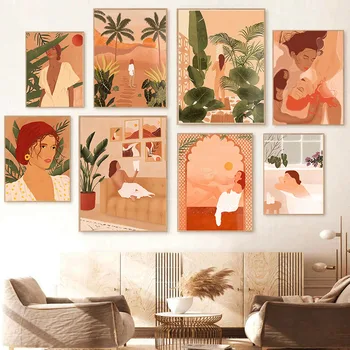Жената в банята, четене, лесбийки, плакат с тропически планински слънцето в стил Бохо, Абстрактна стенни картини, печат върху платно, картини за вашия интериор на спалнята
