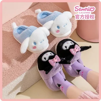 Зимни детски памучни чехли Sanrio Kuromi Cinnamoroll Сладко Момиче Hello Kitty, топли домашни чехли с дебела подметка, семейна обувки