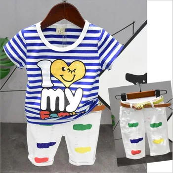 Комплекти детски дрехи летни комплекти дрехи за малки момчета, модна тениска + къси панталони, костюми от 2 теми, подходящи за деца на 2-7 години