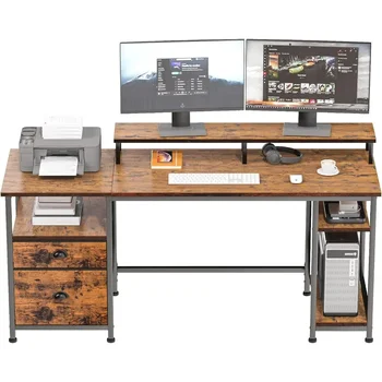 Компютърна маса с рафтове и чекмедже, бюро с дължина 61 инча с филтър чекмедже за папки, промишлен бюро с голям стойка за монитор