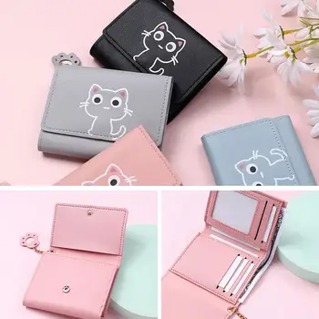 Корейски дамски портмонета със сладки анимационни котка, преносими портмоне за монети от изкуствена кожа, чанти за кратки подаръци, чантата за момичета Y9U8