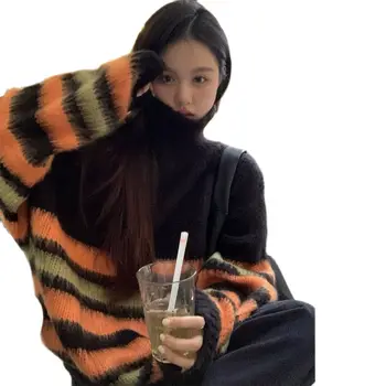 Корейски модерен женски зимен пуловер на райета, свободно, с черепашьим деколте, топъл пуловер за момичета