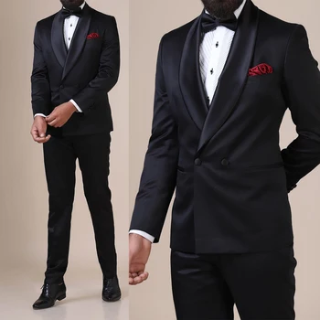 Красиви Черни младоженците Мъжки смокинги Класически костюми-блейзери с отворотами и шал, комплект панталон за официалната парти и бала