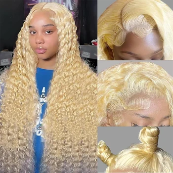 Къдрава перуки, изработени от човешка коса на дантели цвят 613 Пчелна блондинки Свободна Дълбока вълна 13x6 HD Цвят на вълната вода Прозрачен Перука на дантели