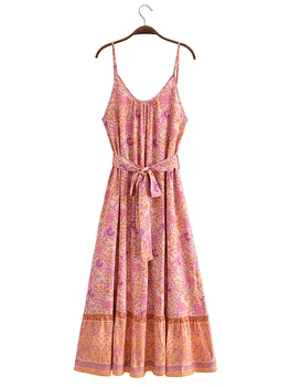 Летни дрехи за жени 2023, Богемное винтажное мозайка рокля с флорални принтом, дълга рокля в стил бохо рокля-комбинация без ръкави с V-образно деколте и колан