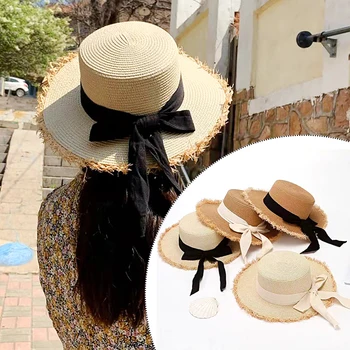 Летните слънчеви плажни шапки с дишаща лента и лък, солнцезащитная шапка с плосък покрив, градинска широка периферия шапка-кофа, Сламена шапка за пътуване и почивка, затеняющая Сламена шапка