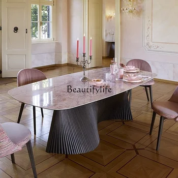 Маса за хранене от естествен розов нефритен мрамор, Модерен минималистичен италиански маса за хранене от светъл луксозен камък, маса за хранене от камък