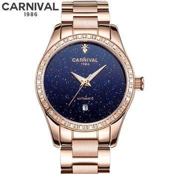 Механични часовници Montre Femme CARNIVAL за жени, марка Луксозни, Автоматични ръчен часовник от розово злато, Водоустойчив светещи Reloj Mujer