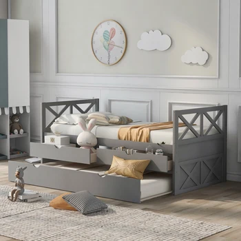 Модерен рамка на легло сивото на дома двойно по размер с куфар и чекмеджета за деца, дървено легло за момчета и момичета