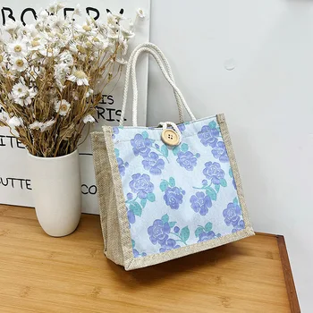Модни дамски ленени чанти с цветен принтом, женствена чанта за пазаруване, вместительные еко чанти-тоут със закопчалка на бутон