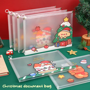 Мультяшная папка с файлове Весела Коледа с Голям капацитет, Водоустойчив Прозрачен Визуален Организатор на файлове, Сладък Коледен Котка, Куче, Снежен човек