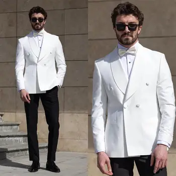 Нов Мъжки костюм, 2 броя, Бяло Сако, Черни Панталони, на Ревера на една пуговице, Официалната Работа, на Сватбата, Младоженецът, Строг Костюм По Поръчка Homme