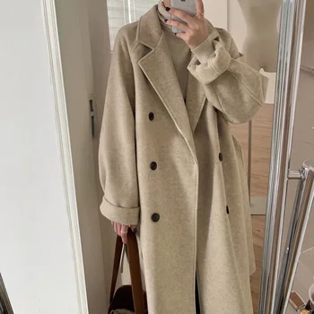 Нова вълна палто 2023 година, дамско дълго есенно-зимно палто в стил Herben, малко мъжко свободно палто за крайградски пътувания, дебели туид тренч.