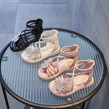 Нови сватбени обувки на принцесата с кристали, нескользящие римски сандали за момичета, Детски плажни сандали на равна подметка с лък, Детски обувки за партита