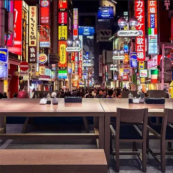 Нощен изглед към улицата Японския град Културен фон Изакая Тапети 3D Промишлен интериор на ресторанта, Суши Стенни тапети 3D