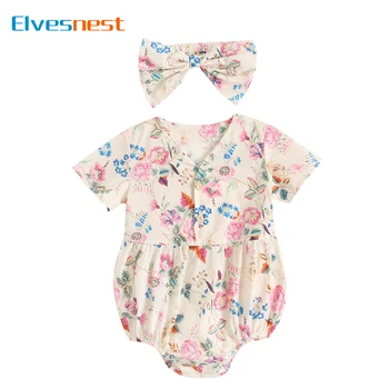 Облекло за новородени с флорални принтом, боди за момичета, шал, 2 броя, Памук, боди с къс ръкав, летни боди за бебета 1-3 години