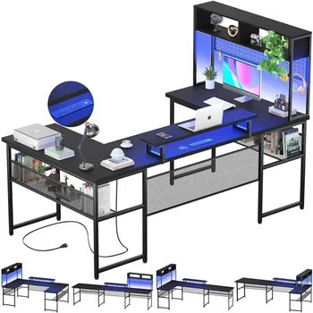 Обръщане на компютърна маса L-образна форма с изходи за захранване и led лента, голям офис бюро с поставка за монитор и рафтове за съхранение