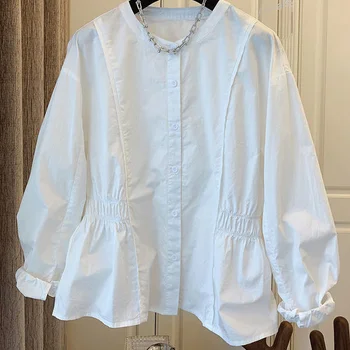 Памучен однотонная риза с гънки на талията за дамска мода, свободен топ, реколта дрехи за жени, блузи, ризи, блузи