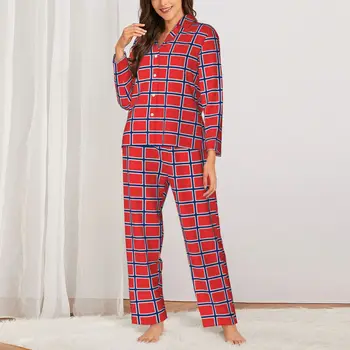 Пижамный комплект с принтом Nordic Lines, Есенна пижама с флага на Норвегия, Романтична пижами за спални, женска, 2 броя, пижама в стил ретро с големи цифри