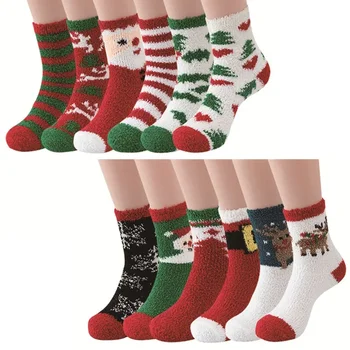 Плюшени дебели чорапи на пода Луната за мъже и жени, чорапи Elk Santa за жени, коралов кадифе