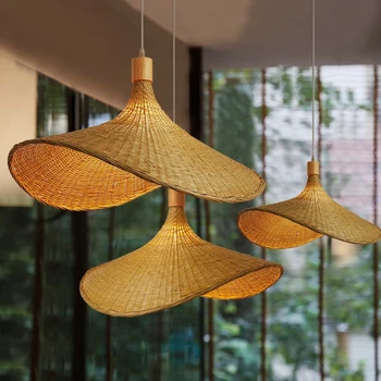 Подвесная линия във формата на сламени шапки ZK50 E27 Подвесная линия лампи Креативна бамбук декоративна полилей ръчно изработени Тавана лампа от ратан