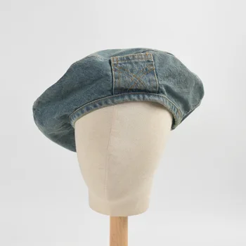 Ретро обикновен женски взема с ефект на избледняване, уникален дизайн, джобове, Дънкови барети, пролетно-есенни шапки в разговорния стил