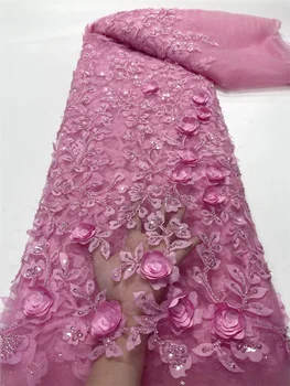 Розова Африканска 3D Лейси Плат, За да оформите 5 Ярда 2023 Високо Качество на Дантели, С Пайети Френска Нигерийская Сватба Asoebi за Шиене, Завързана Материал