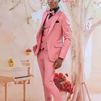 Розови Мъжки костюми от 3 теми, Оборудвана Блейзър на една пуговице, Костюм за бала, яке с ревера, Смокинги за младоженеца (палта + Жилетка + панталони)