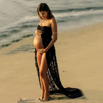 Рокли за бременни Подпори за фотосесия Дантелено Елегантна рокля за бременни, за фотосесии Секси рокля Макси за бременни без ръкави