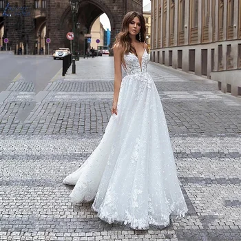 Сватбени рокли без ръкави, с дълбоко V-образно деколте и апликации за спагети презрамки, рокля на булката с отворен гръб За младоженци, Vestido De Новия 2023