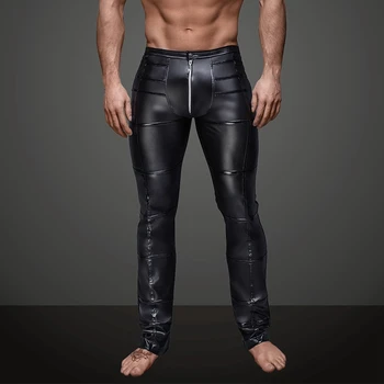 Секси мъжки панталони от изкуствена кожа с отворена промежностью, еротични Латексови панталони от PVC, мъжки панталони за танци на един стълб с цип, готик пънк-фетишистская клубна облекло